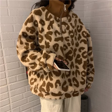 レオパード ボア プルオーバー ハーフジップ ラムウール 韓国ファッション レディース トップス ヒョウ柄 フリース もこもこアウター 大人カジュアル DTC-629477775602