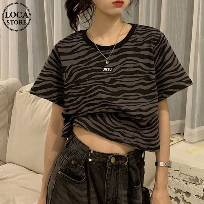 ゼブラ柄 クロップド丈 Tシャツ へそ出し 半袖 ラウンドネック 韓国