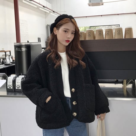 もこもこカーディガン ボア 韓国ファッション レディース カーディガン アウター 暖かい フェイクムートン ドロップショルダー ボアジャケット 大きいポケット (DCT-604923682357)