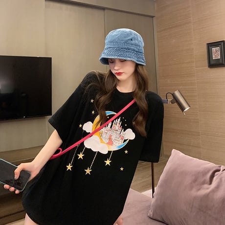 Tシャツ 半袖 お城 プリント ラウンドネック 韓国ファッション レディース トップス 星 月 プリント シンプル ガーリー DTC-618971492141