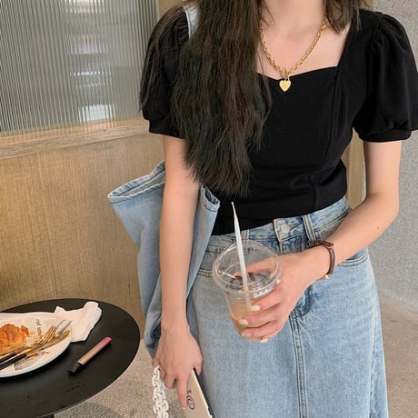 クロップド丈 スクエアVネック 2way Tシャツ 半袖 へそ出し パフ袖 オフショルダー 韓国ファッション レディース ショート丈 大人可愛い ガーリーDTC-641346468077)