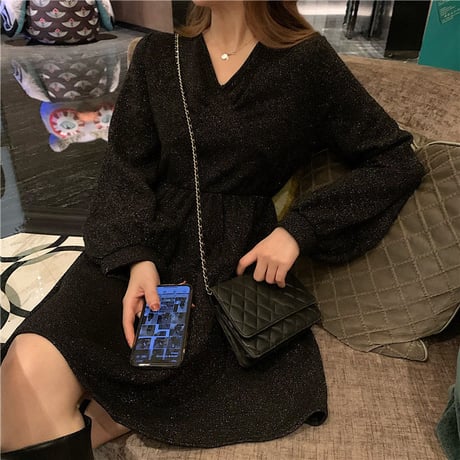 Vネック ワンピース 韓国ファッション レディース Aライン ハイウエスト ランタンスリーブ 長袖 シンプル レトロ ガーリー (DTC-608414377973)