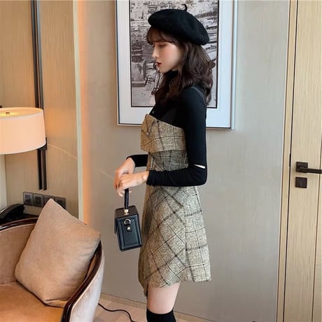 セットアップ トップス ＋ チェック柄 キャミワンピース 韓国ファッション レディース セット ワンピース ミニ丈 ハイウエスト レトロ ガーリー DTC-605189303386