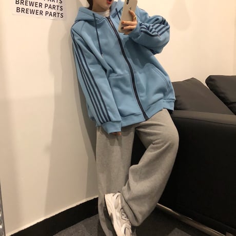 パーカー 裏起毛 袖ライン ジップアップ プラスベルベット 長袖 オーバーサイズ 韓国ファッション レディース ルーズ カジュアル ストリートファッション DTCA-732271460143