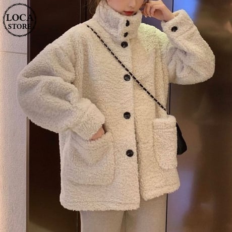 ボアブルゾン ボタン 韓国 ファッション レディース ボアジャケット アウター コート ジャケット もこもこ ボア 羊毛 ドロップショルダー (DTC-607833991360)