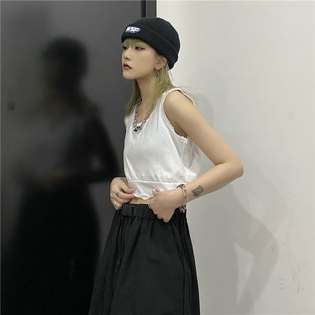 クロップド タンクトップ ダメージ加工 ショート丈 ルーズ 韓国ファッション レディース カジュアル ストリート系 DTC-643896264277