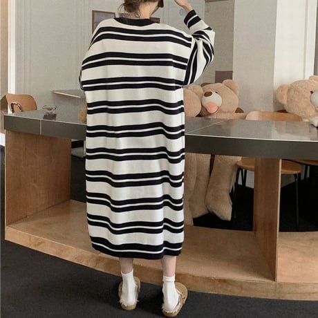 ボーダー柄 ニットワンピース クルーネック ロング丈 ニット ランダムボーダー 長袖 ゆったり 韓国ファッション レディース カジュアル 大人可愛い ガーリー DTC-662845743364