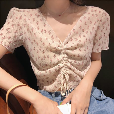 花柄 ブラウス Vネック ショート丈 韓国ファッション レディース 半袖 シフォン ウエストマーク 薄手 大人可愛い ガーリー レトロ 春コーデ 夏コーデ DTC-593495259054