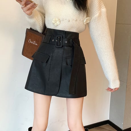 ラップ風 PUレザー スカート ミニスカート ハイウエスト スリム Aライン フェイクレザー レトロ 韓国ファッション レディース 大人可愛い ガーリー DTC-684015462393