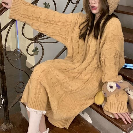 ケーブル編み ニットワンピース ロング丈 ニット 長袖 ゆったり クルーネック ルーズウエスト 韓国ファッション レディース カジュアル 大人可愛い ガーリー DTC-665138187843