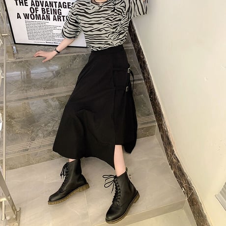 不規則デザイン スカート スプリットスカート アシンメトリー 韓国ファッション レディース ロングスカート アシメ Aライン バックル ハイウエスト ガーリー DTC-623466402690