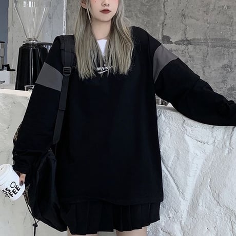 ユニセックス バイカラー ポロシャツ 長袖 オーバーサイズ 韓国ファッション メンズ レディース トップス ルーズ カジュアル ストリートファッション DTC-653571995078