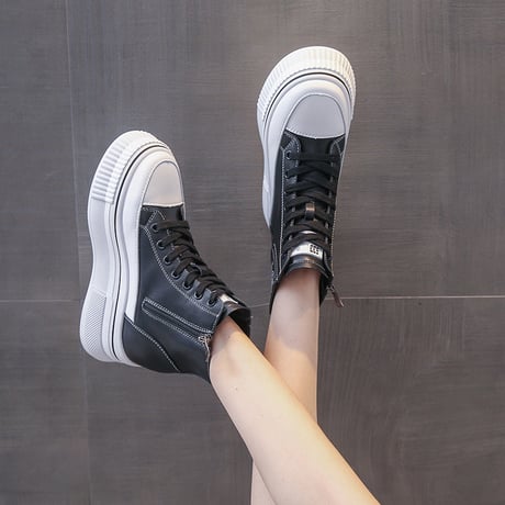 厚底 ハイカットスニーカー 22.0～25.0cm インソール サイドジッパー ファスナー ショートブーツ シューレース カジュアル 韓国ファッション レディース DTC-682592669522