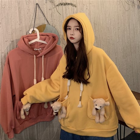 パーカー 裏起毛 クマのぬいぐるみ ベアー プルオーバー 長袖 ルーズ 韓国ファッション レディース スウェット ゆったり 大きめ カジュアル ストリート系 DTC-629418331286