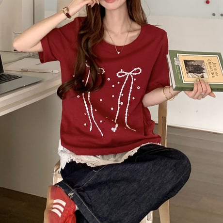 リボンプリント Tシャツ オーバーサイズ トップス ルーズ ゆったり 半袖 レトロ  大人可愛い ガーリー カジュアル フェミニン DTCA-780996917013