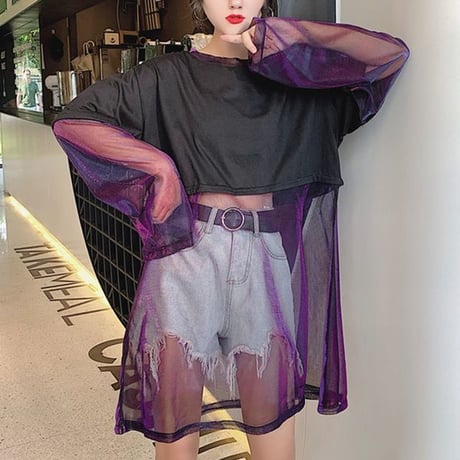 レディース Tシャツ ドッキング シースルー 無地 ラウンドネック トップス ガーリー フェミニン 韓国ファッション (DCT-598080019695)