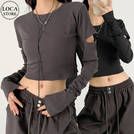 カットアウト Tシャツ クロップド丈 クルーネック ロンT トップス ショート丈 スリムフィット シンプル 長袖 ルーズ レトロ 大人可愛い ガーリー カジュアル DTCA-740310634830