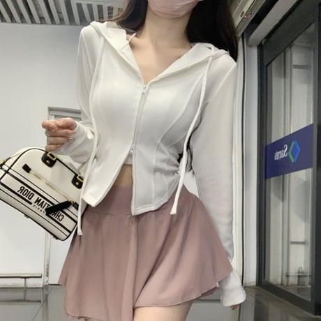 ダブルジップ パーカー ショート丈 トップス スリムフィット 長袖 レトロ 韓国ファッション レディース 大人可愛い ガーリー カジュアル DTC-763175238530