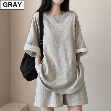 セットアップ 2点セット tシャツ ショートパンツ オーバーサイズ クルーネック 無地 ルームウェア レトロ 大人可愛い ガーリー カジュアル DTCA-839400393323