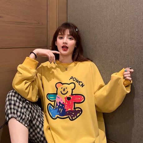 トレーナー 落書き風 クマちゃん プリント ルーズ スウェット 韓国ファッション レディース ラウンドネック 長袖 ガーリー (DTC-624906211705)