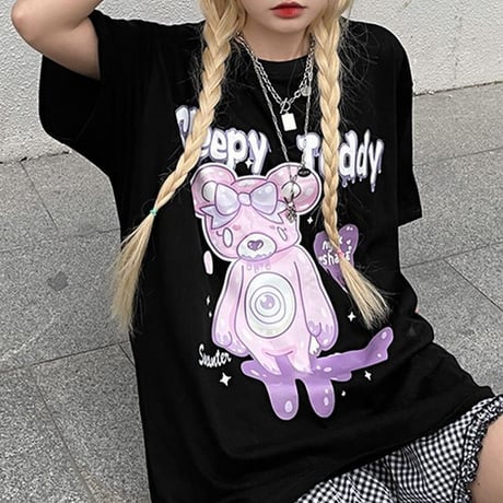 【2カラー】 ユニセックス Tシャツ 半袖 Sleepy Teddy オーバーサイズ カジュアル 韓国ファッション メンズ レディース 韓国ストリートファッション DTC-643729129197