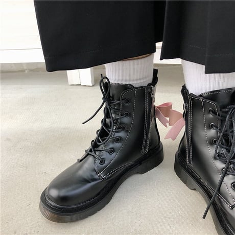 ショートブーツ バックリボン 22.5～24.5cm サイドファスナー シューレース ブーツ 歩きやすい 履きやすい ガーリー DTC-633346516603
