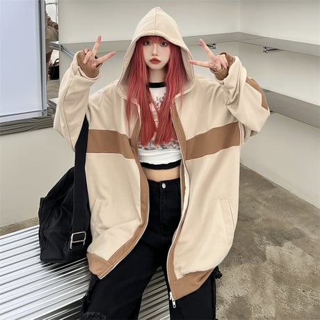 ユニセックス パーカー ジップアップ バイカラー クロスデザイン オーバーサイズ カジュアル 韓国ファッション メンズ レディース 韓国ストリートファッション DTC-681105858978
