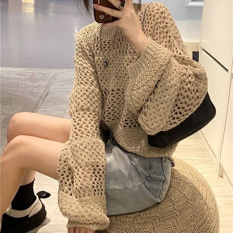 ニット トップス 透かし編み  ボーダー ルーズ 肌チラ 長袖 レトロ 韓国ファッション レディース 大人可愛い ガーリー カジュアル DTC-666324156331