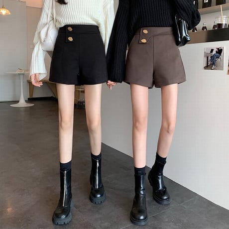 ショートパンツ ハイウエスト ボタン 韓国ファッション レディース ワイドレッグパンツ カジュアル 大人可愛い ガーリー DTC-631987259023