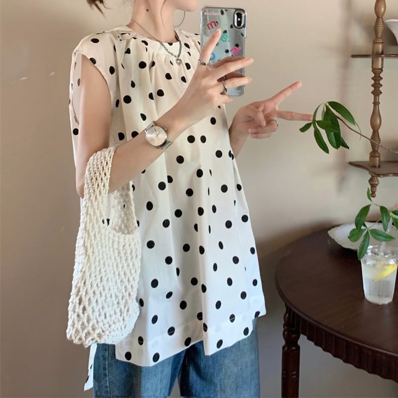 ブラウスチュニック ドット柄 水玉 ゆったり トップス ギャザー
