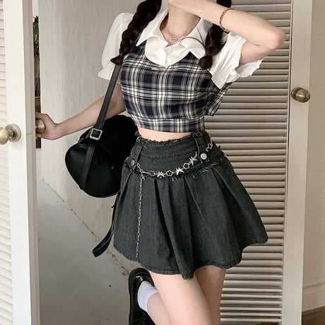 セットアップ チェック柄 フェイクレイヤード トップス デニムスカート パフスリーブ 半袖 上下セット レトロ 韓国ファッション レディース かわいい ガーリー DTC-726789437739