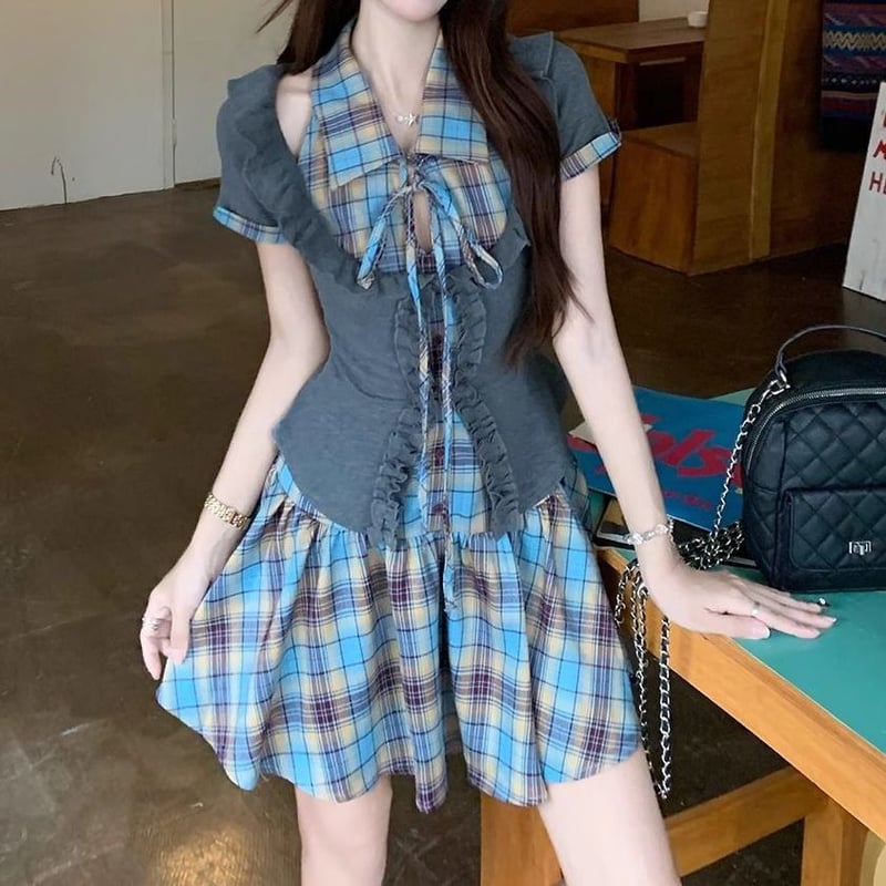 2点セット セットアップ ノースリーブチェックワンピース フリル