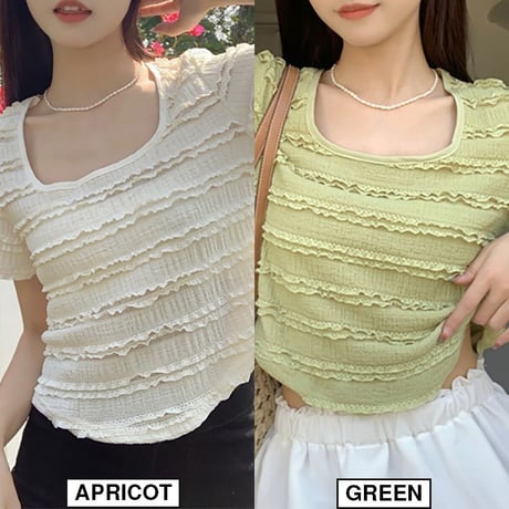 tシャツ ラウンドヘム 半袖 スクエアネック フリル ショート丈 トップス 薄手 レトロ 韓国ファッション レディース 大人可愛い ガーリー DTC-704922275965