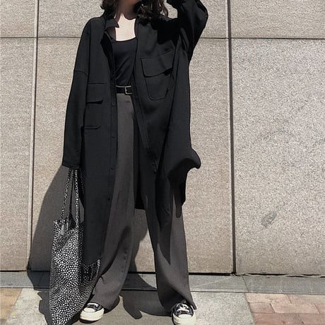 ロングシャツ シャツコート アウター シャツ コート ロング丈 ルーズ 長袖 レトロ 韓国ファッション レディース 大人可愛い ガーリー DTC-679716391423