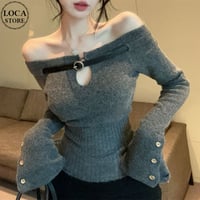ベルトデザイン ニット カットアウト 胸あき オフショルダー オフショル スリムフィット タイト スリムニット トップス 長袖 レトロ 大人可愛い ガーリー DTCA-870321341966