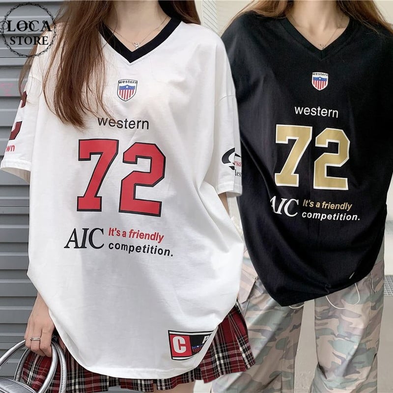Tシャツ ユニフォーム風 Vネック オーバーサイズ トップス
