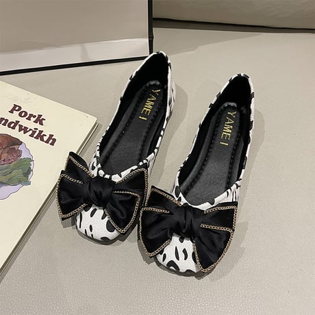 パンプス リボン 22.5～25.0cm フラットシューズ ローヒール 無地 ヒョウ柄 レオパード スクエアトゥ 歩きやすい 美脚 韓国ファッション レディース DTC-666813367025