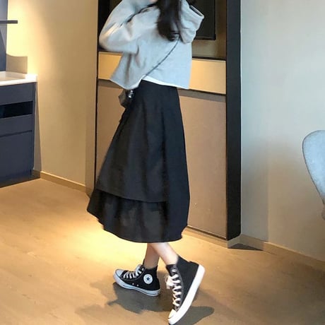 スカート 不規則 イレギュラー Aライン 韓国ファッション レディース 無地 すね丈 ハイウエスト ガーリー フェミニン レトロ DTC-603415311658