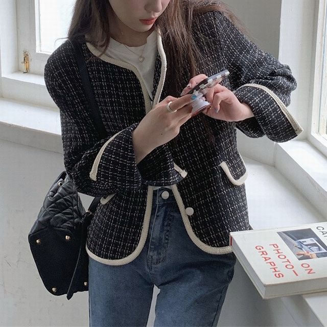 チェック柄 ショートジャケット ノーカラー 襟なし シングルブレスト  