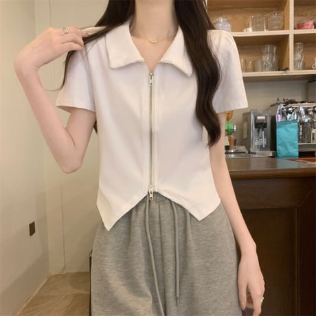 ダブルジップ トップス クロップド丈 半袖 Tシャツ へそ出し ポロトップス ポロ襟 レトロ 大人可愛い ガーリー カジュアル 韓国ファッション レディース DTC-710355440327