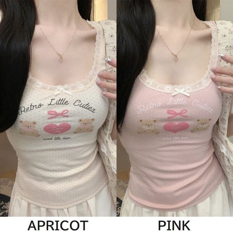 tシャツ ドット柄 クマちゃん リボン レース トップス Uネック スリムフィット スリムtシャツ 半袖 レトロ 大人可愛い ガーリー カジュアル DTCA-811944873611