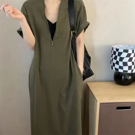 ワンピース ハーフジップ 半袖 体型カバー Aライン Vネック ゆったりウエスト ロングワンピース レトロ 大人可愛い ガーリー DTCA-902129086791