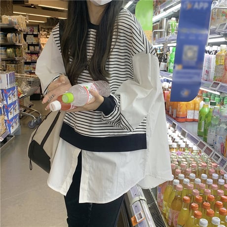 ドッキングトップス フェイクレイヤード ボーダー柄 ニット ブラウス 重ね着風 切替 長袖 レトロ 韓国ファッション レディース 大人可愛い ガーリー DTC-680518160120