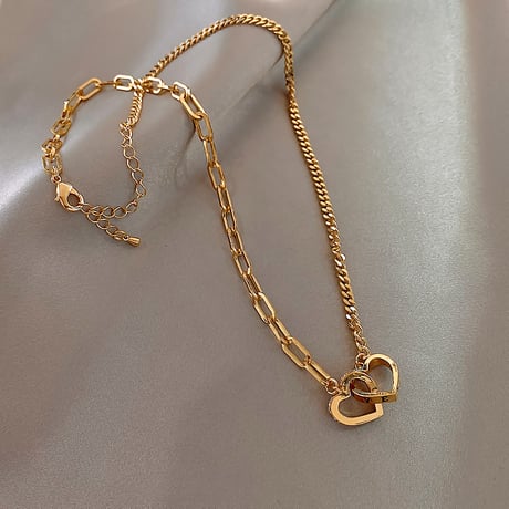 ダブルハート ネックレス CZ チェーン付き レディース ペンダント 合金 アクセサリーDTC-633357761746)