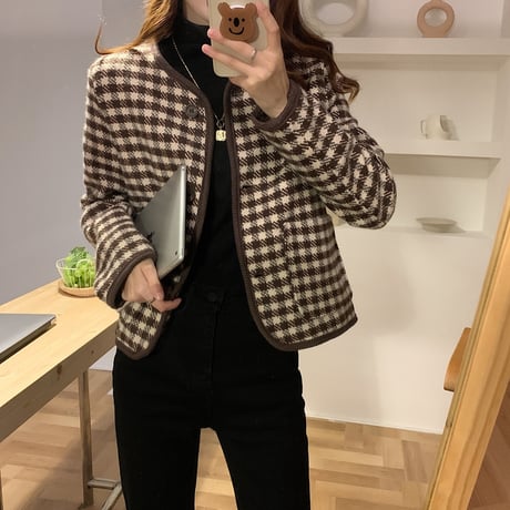 チェック柄 ショートジャケット ノーカラー 襟なし シングルブレスト 長袖 ルーズ レトロ 韓国ファッション レディース 大人可愛い ガーリ DTC-657458574513