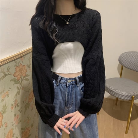2点セット クロップド丈 ニット キャミソール プルオーバー 透かし編み トップス レトロ 韓国ファッション レディース 大人可愛い ガーリー DTC-650282837528
