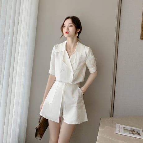 セットアップ セット シャツ ＋ ボトムス 韓国ファッション レディース トップス ショートジャケット 無地 ハイウエスト 大人可愛い ガーリー DTC-622877670244