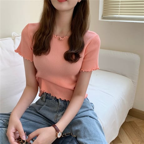 ウェーブヘム リブニット サマーニット Tシャツ 半袖 ラウンドネック トップス 韓国ファッション レディース カットソー シンプル 大人可愛い ガーリー DTC-639423318201