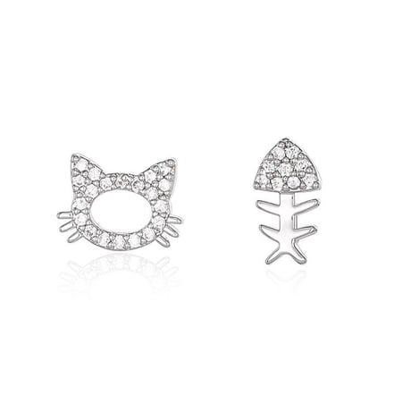 かわいいCZ猫ちゃんと魚骨 スタッドピアス イヤークリップ ねこ 猫 魚骨 CZ ピアス シルバー925 合金 アクセサリー DTC-626646347931