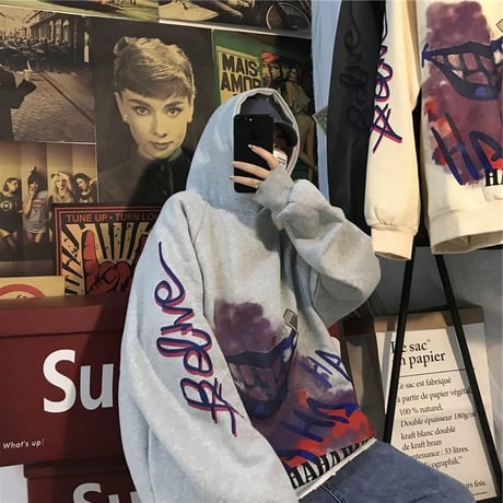 ユニセックス パーカー プルオーバー 裏起毛 韓国ファッション メンズ レディース 落書き ペイント プリント オーバーサイズ ストリート (DTC-607518859009)